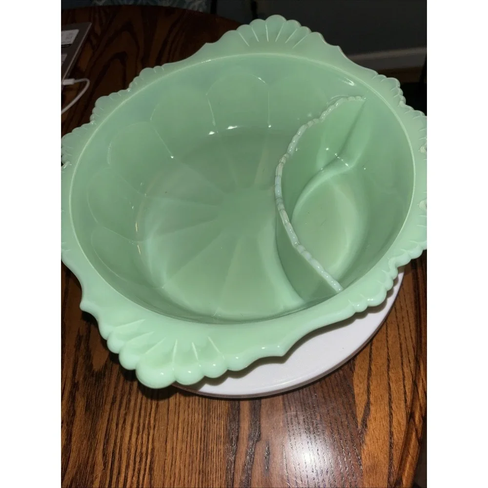 Melon/Chip/Dip Divided Bowl - Hobnail Gigi Pattern - Jadeite Green - Mosser USA
